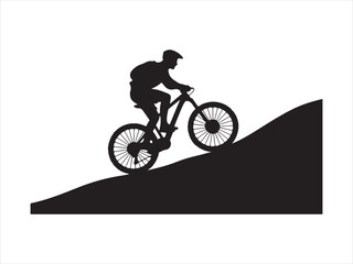 Vector cyclist silhouette riding uphill on mountain trail illustration design. Mountain biking silhouette rider climbing steep hill vector on white background © Jabed