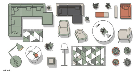 Fototapeta premium overhead flat lay of modern furniture and home decor items perfect for interior design layouts and apartment styling concepts