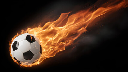 Naklejka premium Black and white soccer ball on fire with flames black background white and black ball