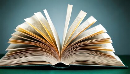 Fototapeta premium Open book with pages fanned out on a green surface.