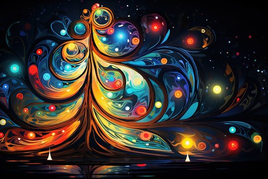 Abstract painted neon Christmas tree with colorful lights on a dark background. New Year holiday card.