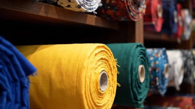 Colorful fabric rolls on shelves.