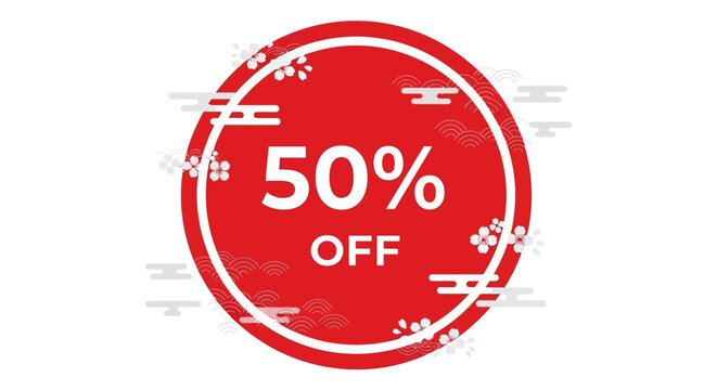 Red Circle 50% Off Sale Discount Tag with Japanese Traditional Patterns