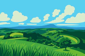 Obraz premium beautiful green hill scenic view landscape nature background flat color vector illustration template design