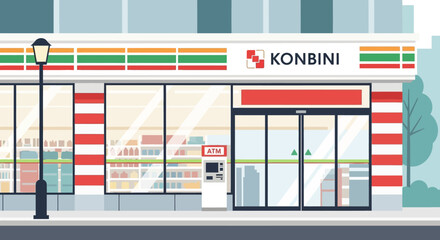 Convenience Store Facade with ATM and Products Visible Inside