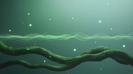 Ethereal green vines entwine with glowing particles and abstract light waves in a mystical forest setting