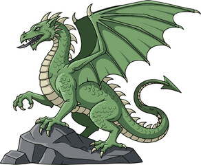 Fototapeta premium Mythical Green Western Dragon Standing on Rock Illustration