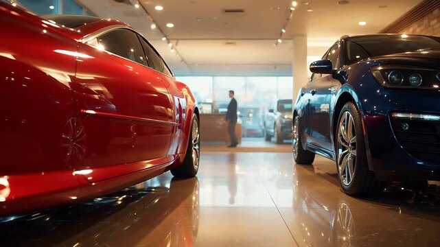 cars in showroom with man walking
