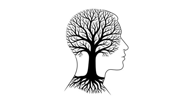 Tree of Life Inside Human Head Silhouette, Roots and Branches