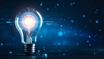 A glowing futuristic light bulb radiates bright energy, surrounded by digital circuit patterns, data graphs, and interface elements, symbolizing innovation, technology, and advanced ideas in science.