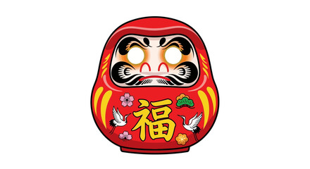 Japanese Daruma Doll with Cranes and Flowers, Symbol of Good Luck
