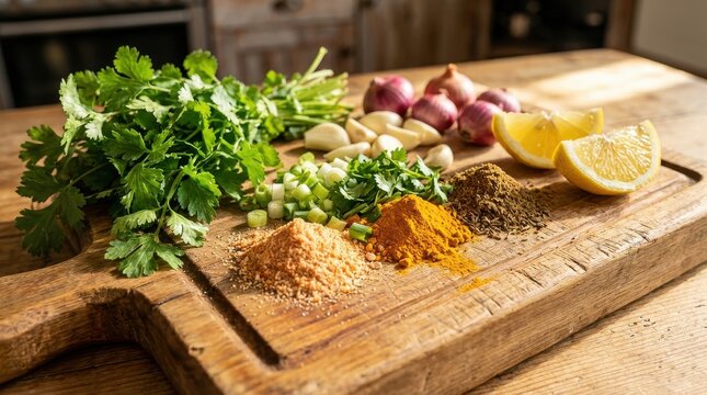 Fresh herbs, spices, and ingredients arranged on wooden cutting board, ready for cooking healthy meal