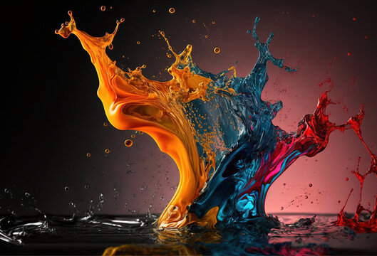 A splash of colorful liquid on a mirrored surface. An explosion of paint, ink. An immersive, abstract background. 3D rendering. AI generated