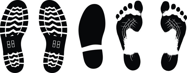 Detailed black and white footprint and shoe sole impression set including rugged boot tread, dress shoe print, and bare human foot for forensic and design use
