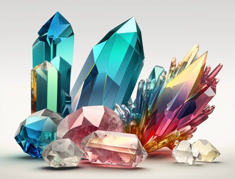 Multicolored crystals and large gems on a white background. Luxury background, stone quartz, glass prism, treasure. AI generated.