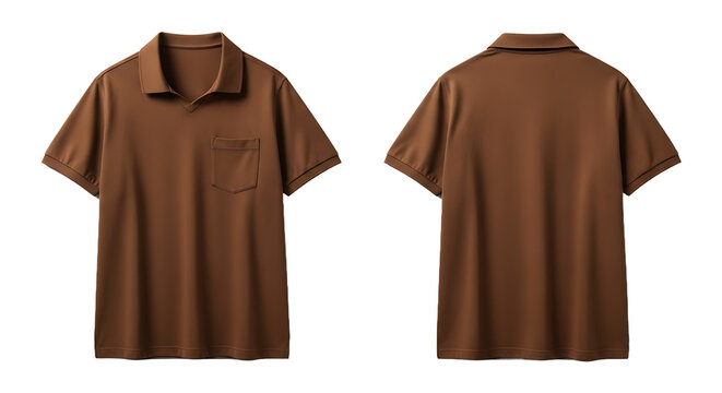 Front and back view of a brown short-sleeved polo shirt with a pocket on the chest, isolated on white background