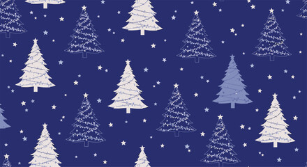 Obraz premium Christmas tree pattern with glowing stars and festive decorations creates a holiday atmosphere on a dark blue background.