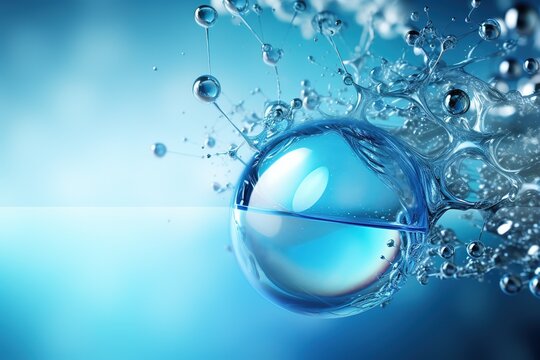 Liquid cosmetic essence with bubbles. Blue abstract background, macro photography of DNA molecules in splashes of water.