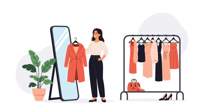 Fashionable woman standing in front of a mirror evaluates an orange coat while more clothes hang on a rack nearby.