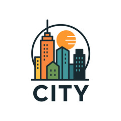 Obraz premium A colorful cityscape illustration featuring buildings and a sunset within a circle on a white background