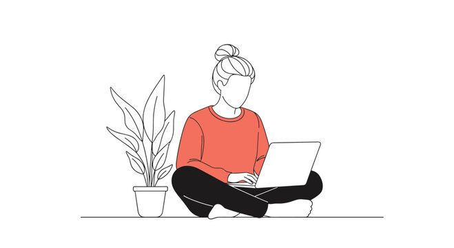 Focused young woman sitting on the floor works on her laptop in a simple line art style with a red sweater accent.