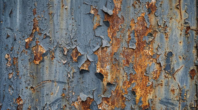 Rough distressed industrial paint texture background with peeling layers of blue gray and rust, urban authentic surface ideal for creative brand alternative company or grungy editorial design