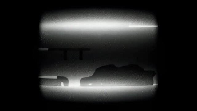 Old retro static black sand white noise signal grain background television screen texture icon minimalist moody composition with horizontal light bands and silhouetted forms evoking vintage haze