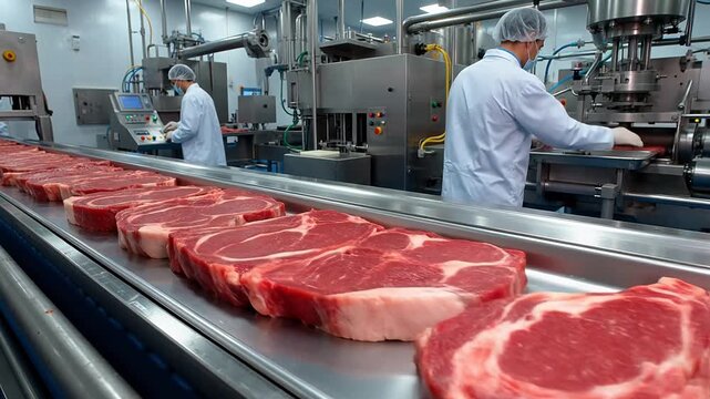 Raw meat processing in factory