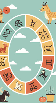 Zodiac wheel with animals and astrological symbols on a cloudy sky background