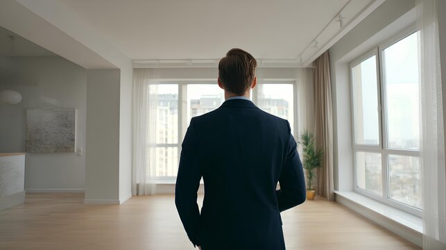 A Business Man Appreciating Property View: A businessman, seen from the back, surveys a property's bright interior, large windows offer an inspiring view of the cityscape.