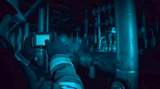 Industrial inspector and technician using handheld thermal camera to inspect large metal pipes and piping system night dim cool blue light for plant