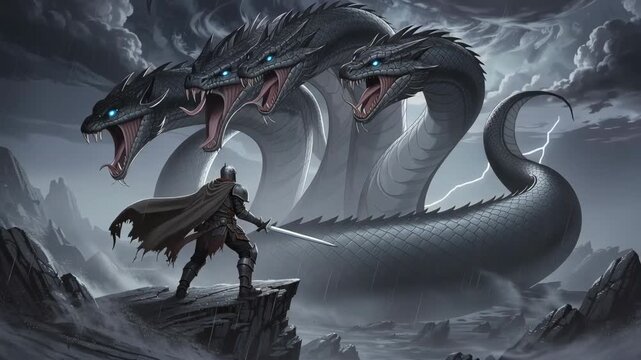 Epic fantasy battle between armored warrior and giant four-headed dragon with glowing eyes in stormy landscape
