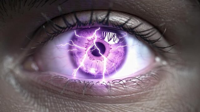 Close up of human eye with purple glowing iris and electric lightning effect surreal fantasy concept