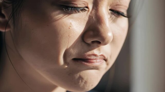 Close up of a young woman crying with tear rolling down her cheek expressing deep emotional pain and sadness