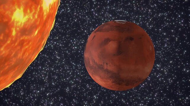 Cinematic Animation of Mars Rotating in Space Near the Sun