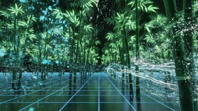 A serene forest landscape with a grid pathway stretching into the distance, surrounded by lush greenery and towering trees, viewed from a low angle.