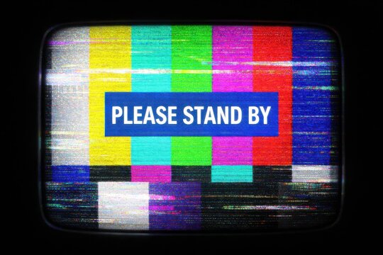 Retro television test pattern with please stand by text and heavy signal interference noise