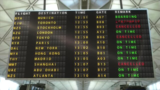 Flight status changes on the information board at airport. All flights cancelled due to bad weather, fighting, conflict, global crisis, or mass cancellations. Every single flight has been cancelled. 