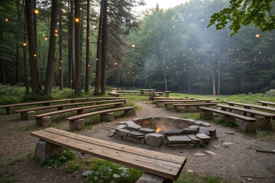 Cabin fire pit surrounded by wooden benches
