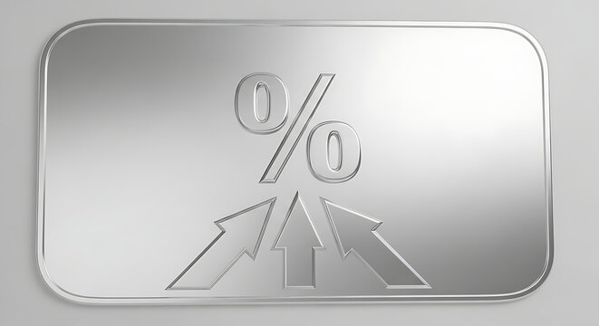 rising percentage symbol and three upward arrows on a metallic silver plaque illustrating financial growth and increasing rates for business.