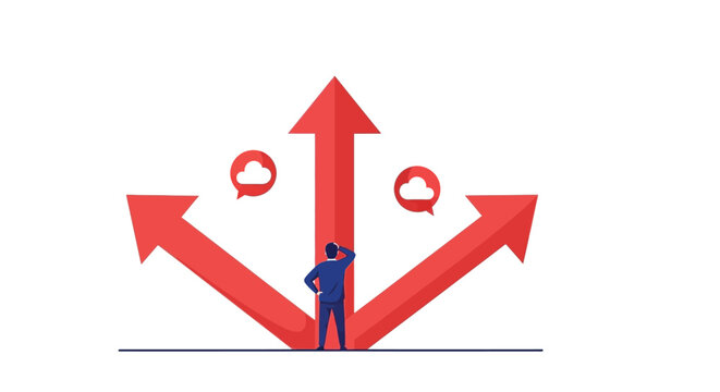 Businessman stands confused at a major intersection facing three distinct paths or future choices