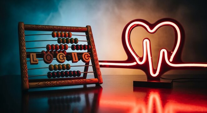 Abacus and neon tooth logo on reflective surface