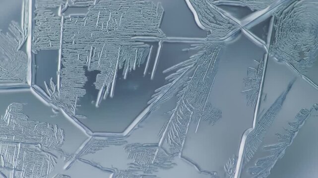 An intricate, abstract pattern of geometric, ice-like, textured formations in gray scale