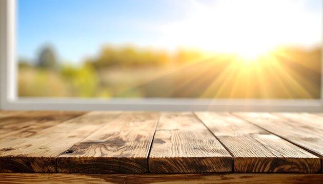 Wooden table top with sunny outdoor scenery through window