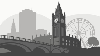 Obraz premium Foggy Manchester Skyline with Clock Tower and Ferris Wheel Morning Photography
