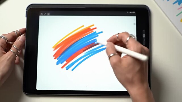 Person drawing colorful lines on a tablet with a stylus, wearing multiple rings