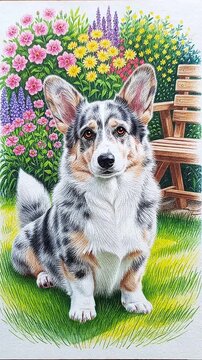 Corgi dog sitting in garden.