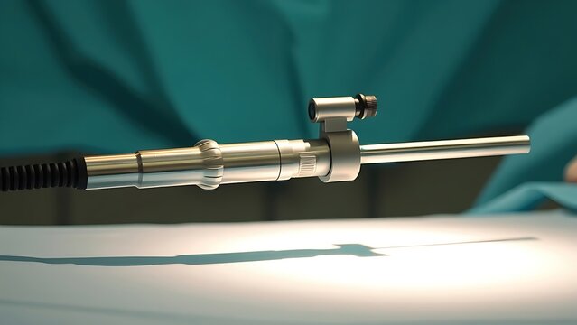 laparoscope. Slender laparoscope with polished metal surface reflecting light, on a medical tray with professional lighting. product launch decks.