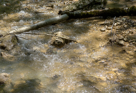 a fragment of a mountain river in the summer, morning hours , sunrise over the canyon and riverbed