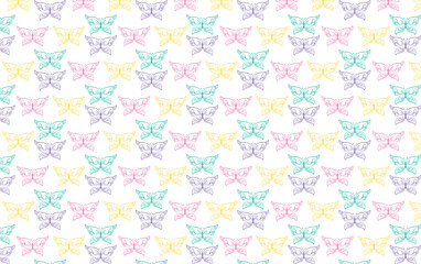 Seamless Pattern of Colorful Outline Butterflies on White Background